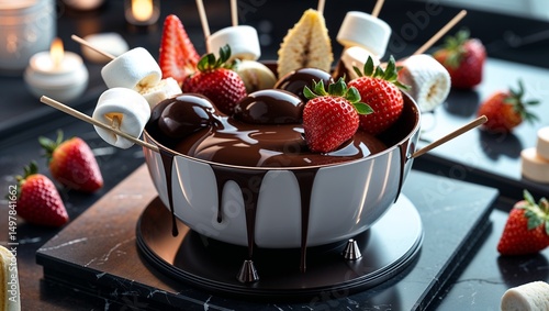 Sleek Fondue Heaven with Glossy Chocolate and Fresh Fruit Skewers – Gourmet Dessert 8K Photo - fondue, chocolate fondue, gourmet dessert, fresh fruit skewers, melted chocolate, marshmallows