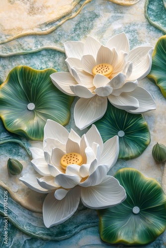 A peaceful, abstract setting serves as the perfect backdrop for a breathtaking collection of white lotus flowers, featuring delicate petals and lush green leaves, which evoke feelings of serenity and