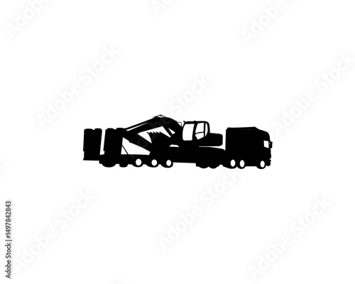 Heavy Machinery Transport: The silhouette of a heavy hauler transporting massive construction equipment symbolizes industry and the movement of building materials and machines.