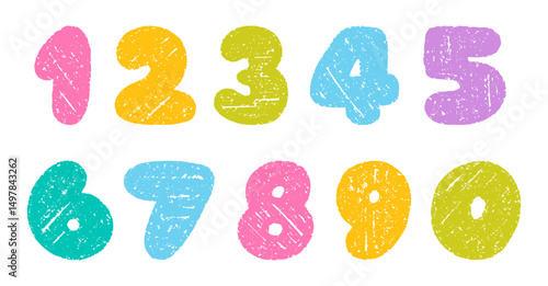 Crayon number doodle set. Chalk pencil font with kid signs in sketch style. Hand drawn vector illustration isolated on white background.
