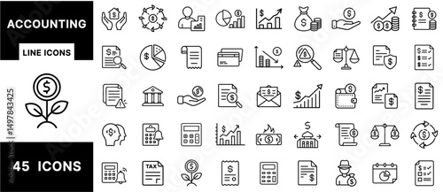 Accounting Line Icons Set – Financial Reports, Charts, Calculators, Taxes, Invoices, Receipts, Budgeting, Balance Sheets, and Cash Flow Symbols for Finance Design