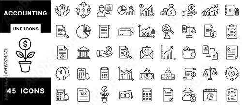 Accounting Line Icons Set – Financial Reports, Charts, Calculators, Taxes, Invoices, Receipts, Budgeting, Balance Sheets, and Cash Flow Symbols for Finance Design