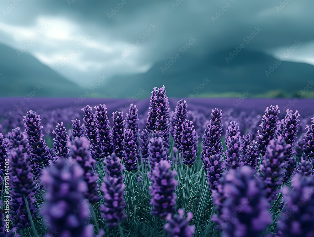 Obraz premium Lavender field under a dramatic stormy sky
