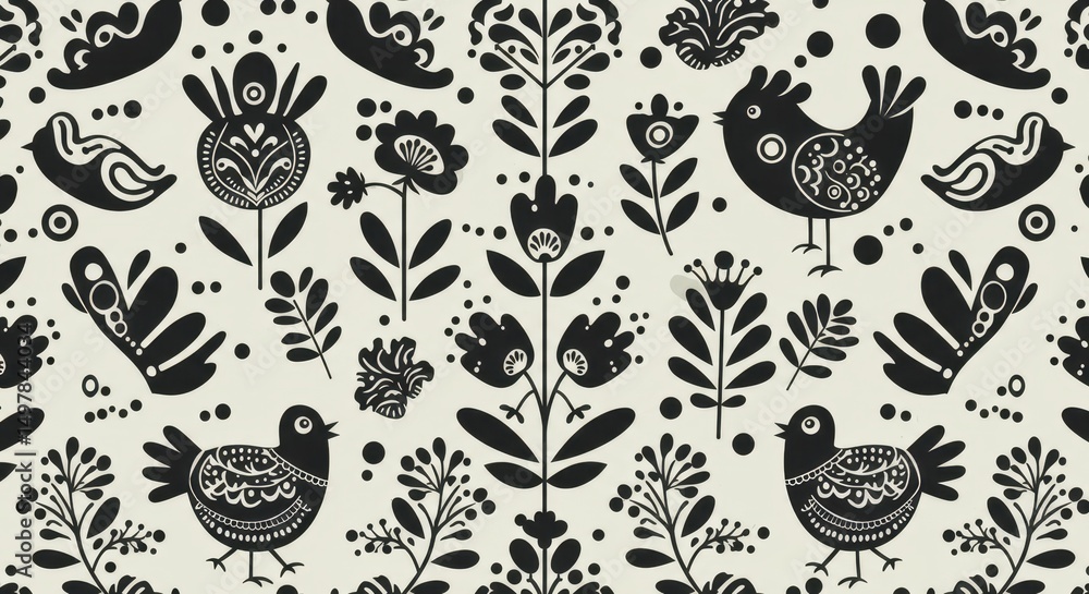 Scandinavian Floral and Bird Folk Art Pattern | Black and White Nordic Design Repeat for Textile, Wallpaper and Backgrounds Scandinavian Floral and Bird Folk Art Pattern | Black and White Nordic Design Repeat for Textile, Wallpaper and Backgrounds