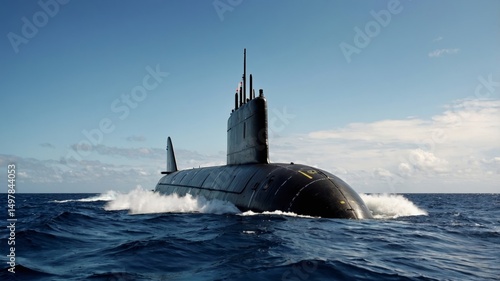 Military submarine sailing on ocean surface on a sunny day