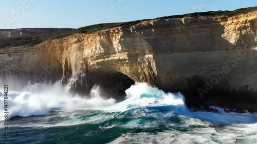 Waves crashing violently against a rock cave formation along a cliffside coastline with turbulent ocean water on a bright sunny day.