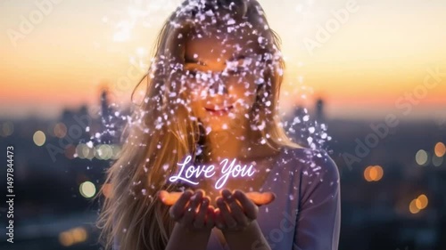 Woman holds glowing Love You amidst city lights