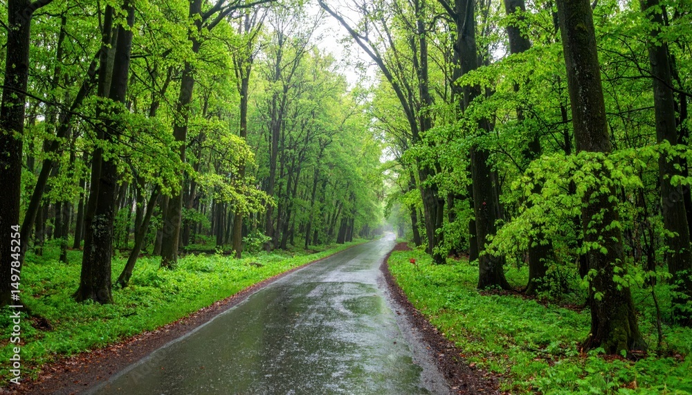 Serene Forest Path After Rain with Fresh Scent and Vibrant Green Leaves Serene Forest Path After Rain with Fresh Scent and Vibrant Green Leaves