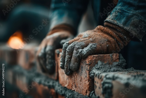 A bricklayer in work attire building a brick wall. The construction site with tools, bricks, and ladder are visible in the background.