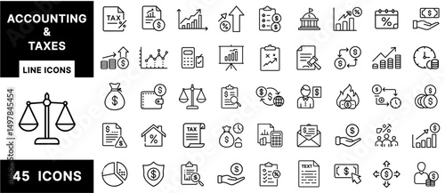 Accounting and Taxes Line Icons Set – Tax Forms, Percentages, Charts, Calculators, Reports, Money Flow, Budgeting, Income, and Audit Symbols for Financial Design