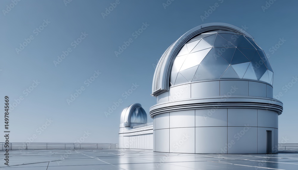 Obraz premium Two modern observatory domes under a clear blue sky, featuring sleek, geometric architecture on a spacious rooftop.