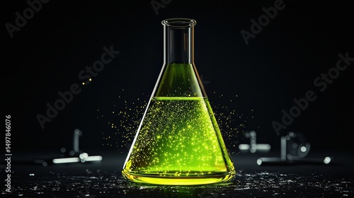 Bright Green Chemical Solution with Sparkles in Laboratory Flask