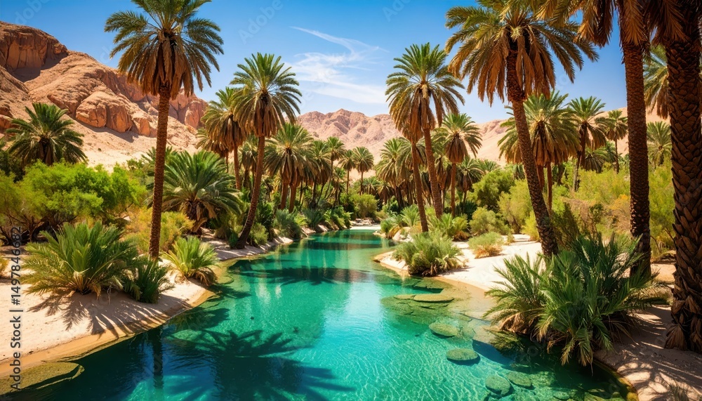 Serene Oasis Scene Featuring Palm Trees and Clear Water in Desert Serene Oasis Scene Featuring Palm Trees and Clear Water in Desert