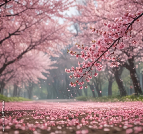 Wallpaper Mural Delicate pink sakura petals drift against a bokeh of blossoming cherry trees ,  airy,  pink,  falling Torontodigital.ca