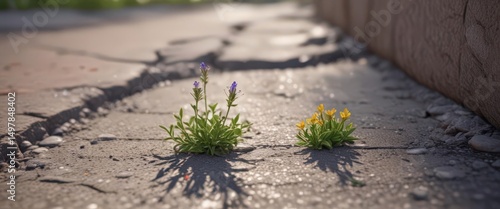 Wallpaper Mural Tiny wildflower emerges from sidewalk fissure, showcasing resilience , concrete, sunlight Torontodigital.ca