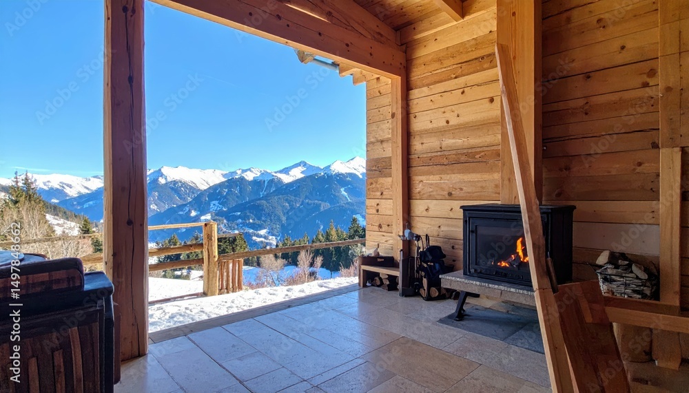 Fototapeta premium Serene Mountain Retreat with Scenic View from Wooden Cabin Fireplace