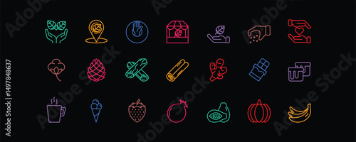 A set of 20 editable stroke icons representing eco-friendly, locally sourced, and handmade products. This collection includes symbols such as ethical production, natural ingredients, artisan-made good