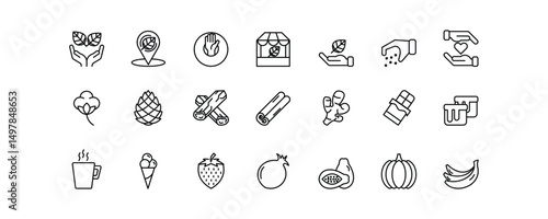 A set of 21 editable stroke icons representing eco-friendly, locally sourced, and handmade products. This collection includes symbols such as ethical production, natural ingredients, artisan-made good