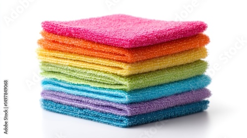 Brightly Colored Microfiber Cloths Stacked in Rainbow Order for Cleaning and Household Use