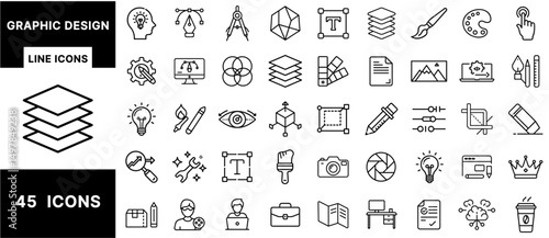 Graphic Design Line Icons Set – Creative Tools, UI/UX, Color Palette, Vector Editing, Typography, Layers, Pencil, Brush, Cropping, and Digital Art Elements