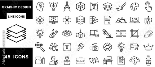 Graphic Design Line Icons Set – Creative Tools, UI/UX, Color Palette, Vector Editing, Typography, Layers, Pencil, Brush, Cropping, and Digital Art Elements