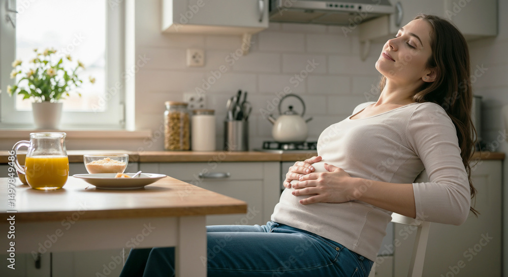 Woman relaxing while holding her belly in a cozy kitchen setting Woman relaxing while holding her belly in a cozy kitchen setting