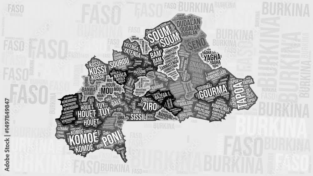 Burkina Faso Animation. Visual effect of Burkina Faso regions appearing in black and white word clouds style. Country intro video. Elegant Animated Motion Graphics.