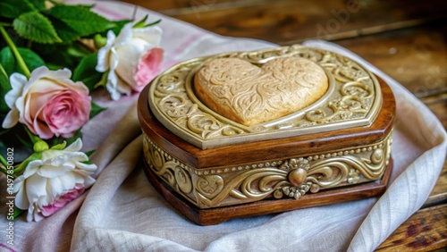 A delicate heart shaped wooden box with intricate gold detailing, nestled among soft, delicate roses on a linen cloth.