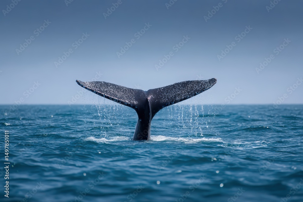 Fototapeta premium World whale day with marine and habitat idea. Whale tail emerging from the ocean surface