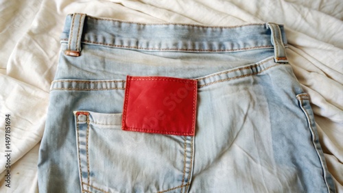A red label with stitching sewn to the back pocket of blue denim jeans resting on a white cloth