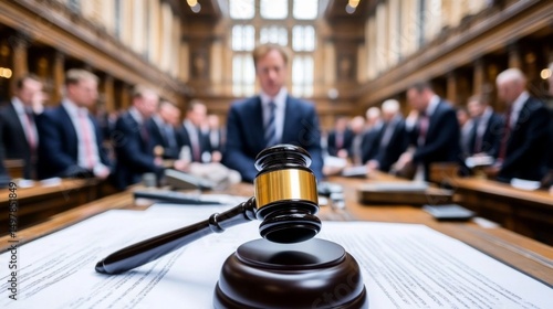 Legal proceeding with a judge's gavel in a courtroom setting