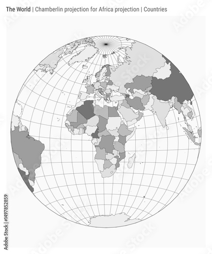 World Map. Chamberlin projection for Africa projection. Countries style. High Detail World map for infographics, education, reports, presentations. Vector illustration.