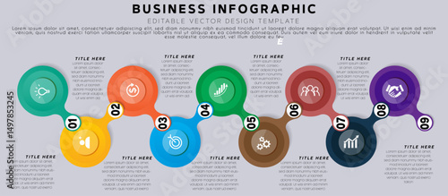 9 step or stage Circular Business Infographic with Nine Connected Sections, Clean Visual Flow