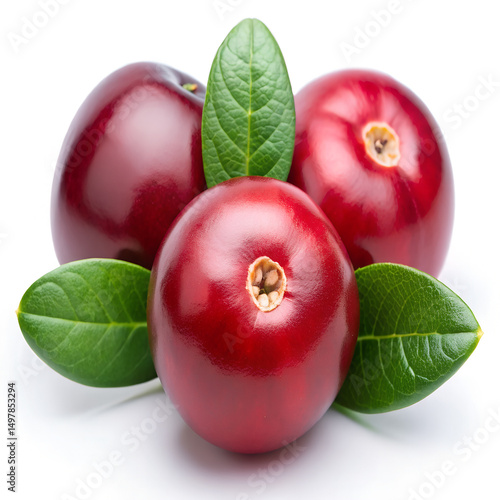Three ripe cranberries with green leaves isolated on white background