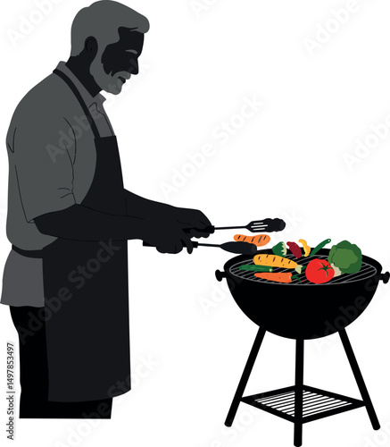 Man grilling vegetables on barbecue outdoor cooking healthy food preparation