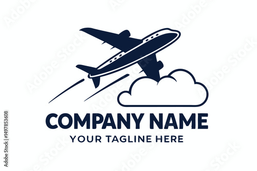 Airplane ascending over clouds, vector logo design concept for travel agency or aviation company, isolated illustration.