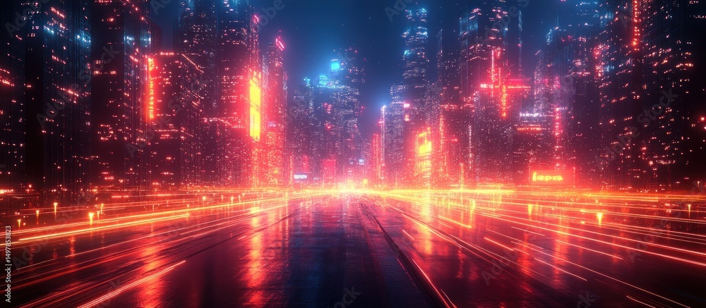 Obraz premium Neon city street at night, light trails, wet asphalt, futuristic cityscape background