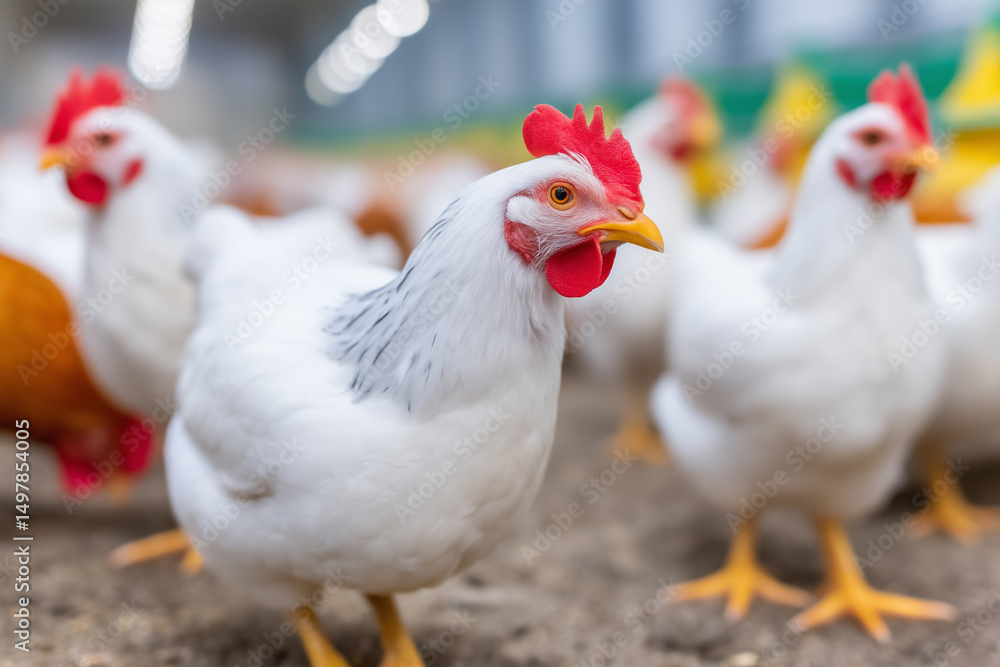 Fototapeta premium Thousands of Chickens Packed Closely Together in a Modern Poultry Farm Environment