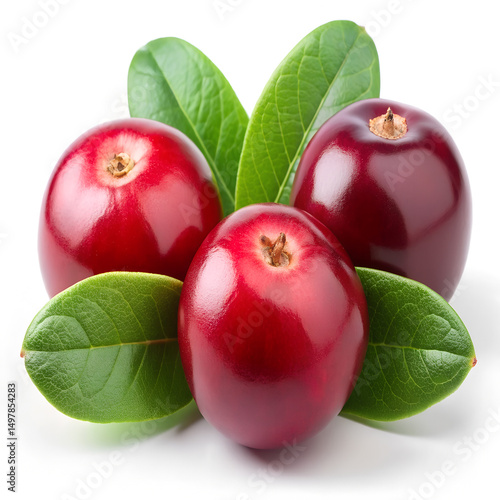 Three ripe cranberries with green leaves isolated on white background