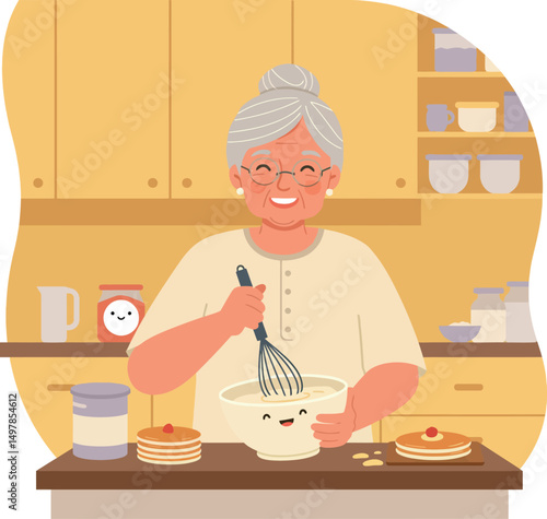 Elderly Woman Cooking Pancakes in Warm Yellow Kitchen Interior Scene Vector Illustration