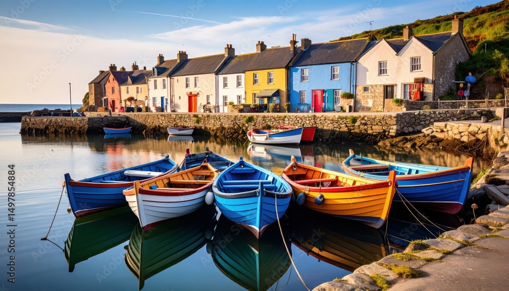 Obraz premium Tranquil Coastal Scene with Colorful Boats in Calm Harbor