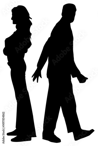 Silhouette of a couple: A silhouette couple shows the tense emotion of relationship ending, a man walking away from a woman who is facing the other direction. Representing solitude and breakup. 