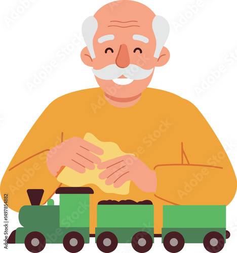 Elderly man playing with green toy train happy senior hobby activity indoors