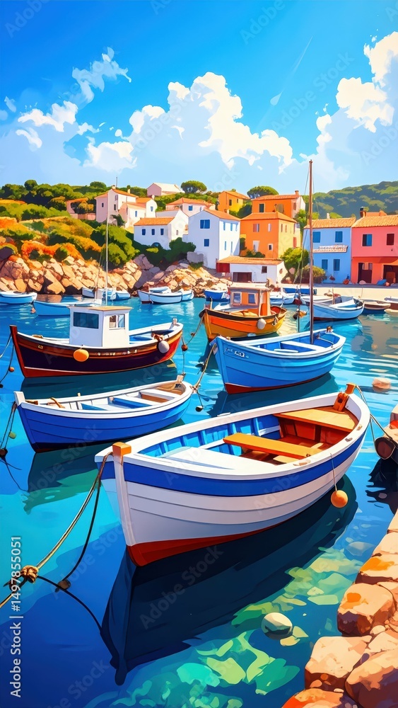 Obraz premium Tranquil Coastal Scene of Colorful Boats in a Calm Harbor Village