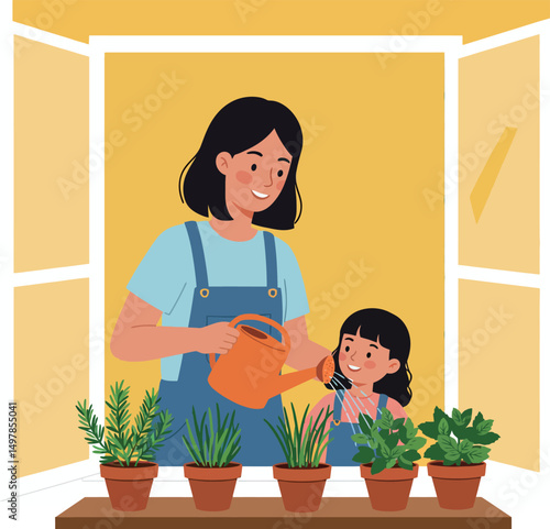 Woman and child watering plants on windowsill in bright yellow room vector illustration