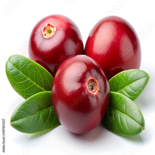 Three ripe cranberries with vibrant green leaves on white background