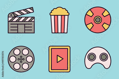 Twelve entertainment industry icons design set featuring a clapperboard graphic