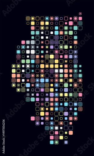 Illinois, shape of the state built of colored cells. Digital style map of Illinois on a dark background. Large size rounded square blocks. Artistic vector illustration.