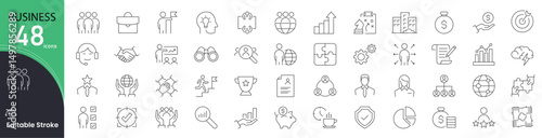 Business related icons set. Including finance, strategy, management, growth, marketing, analysis, teamwork, and planning. Editable stroke. outline icons.