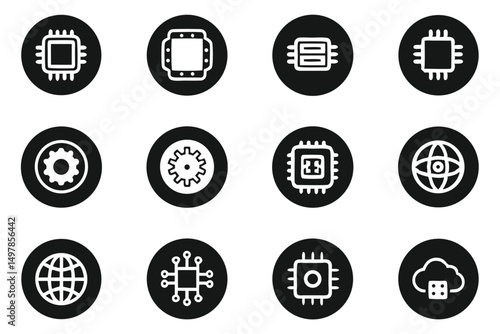 High resolution black vector ai icons depicting ai chips and neural networks